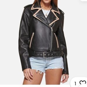 Levi's Contrast Faux Leather Belted Moto Jacket in Black and Cream Size XL NWT